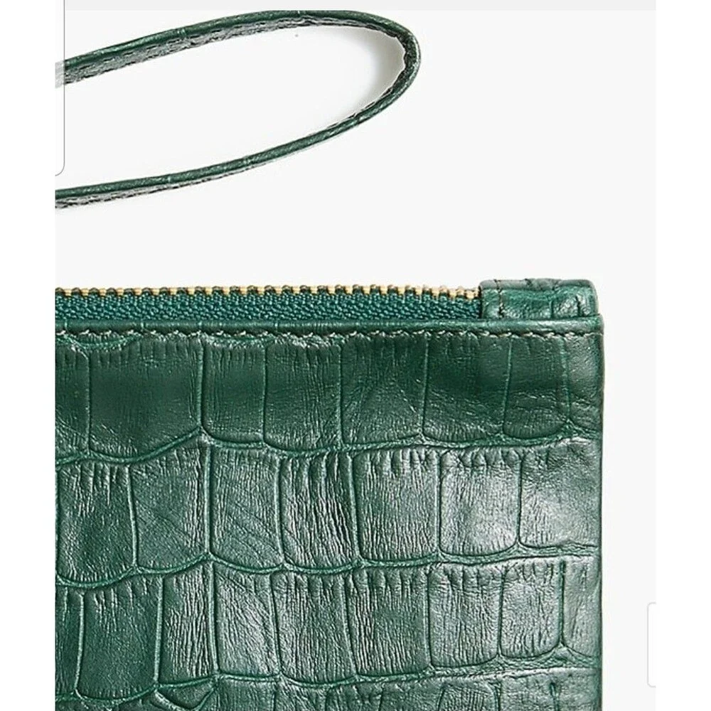 J. Crew Crocodile Embossed Leather Wristlet Clutch Green NWT